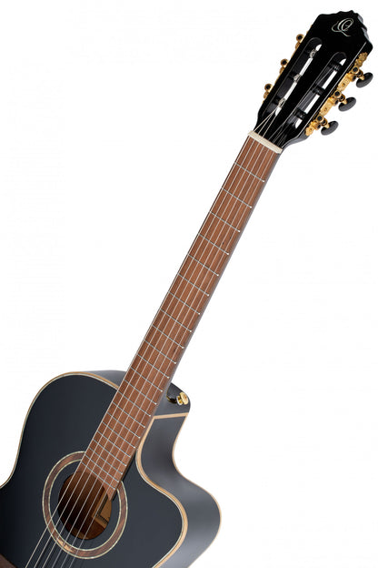 ORTEGA Performer Series Konzertgitarre 4/4 Schmaler Hals Dünner Korpus - schwarz + Bag