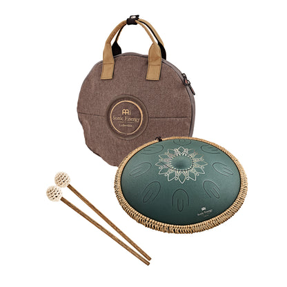 MEINL Sonic Energy 16" Octave Steel Tongue Drum, Fis Moll, 9 Töne, 432 Hz, Dunkelgrün, Graviertes florales Design