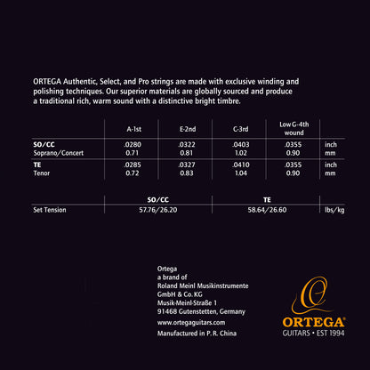 ORTEGA Custom Made Tenor Low-G Ukulele Select String Set Black Nylon, black plated Copper wound