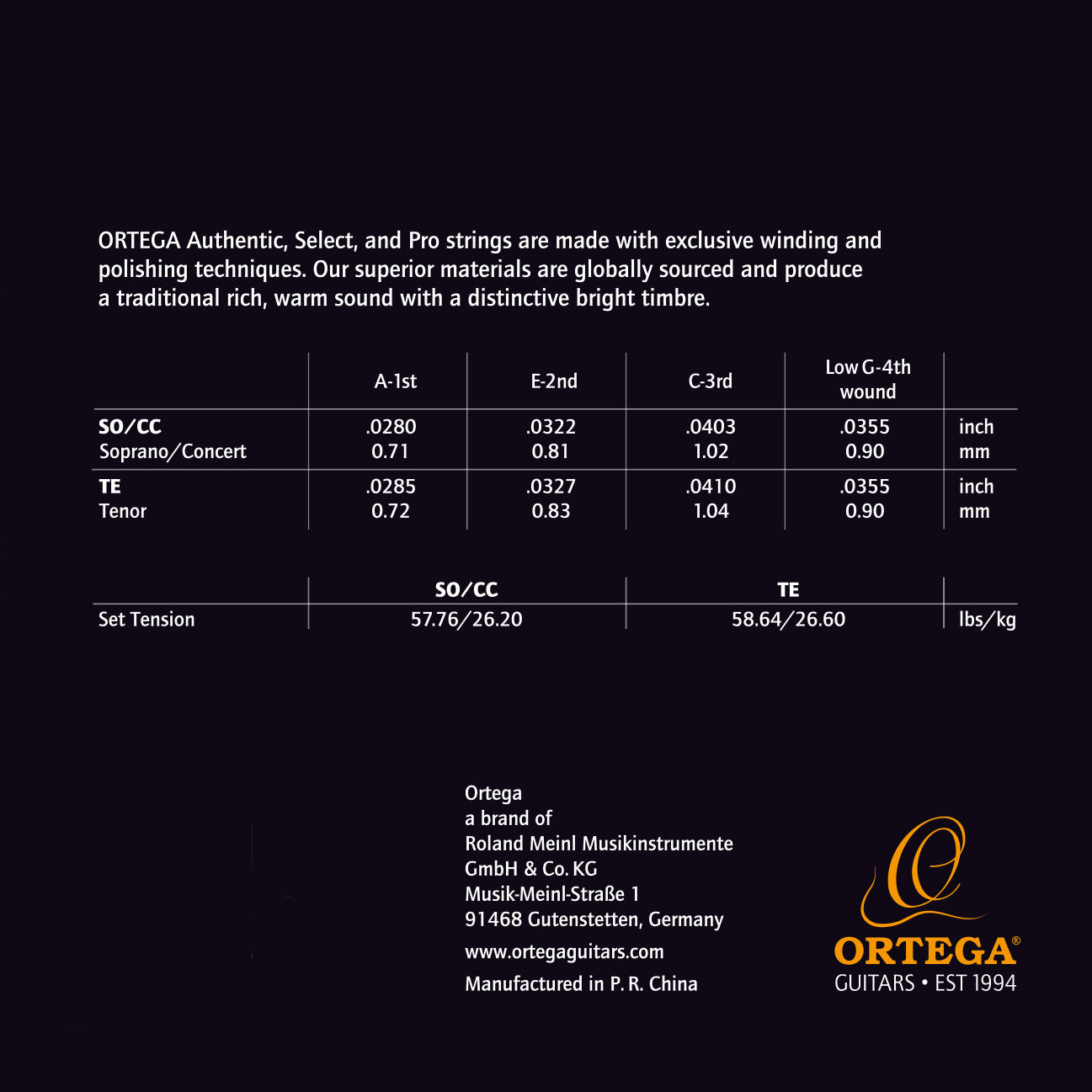 ORTEGA Custom Made Tenor Low-G Ukulele Select String Set Black Nylon, black plated Copper wound
