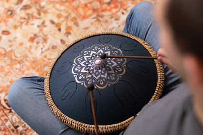 MEINL Sonic Energy Octave Steel Tongue Drum 16" - D Amara/9 Notes/440 Hz - Lasered Floral Design/Navy Blue