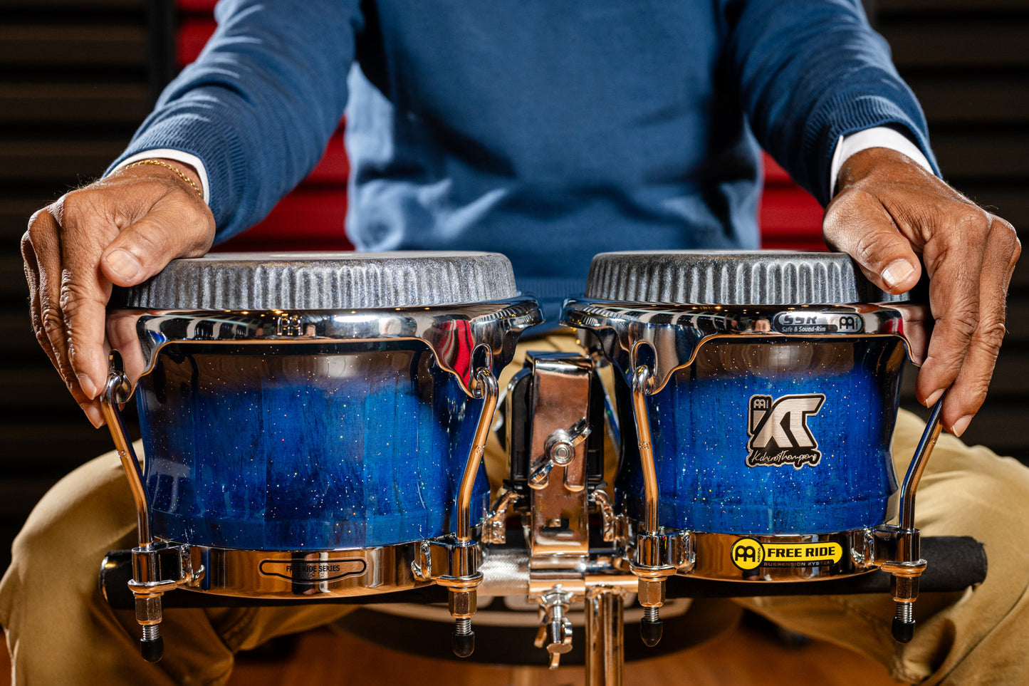 MEINL Percussion Artist Series Bongo William "Kachiro" Thompson, REMO® Black Calfskin Skyndeep Heads - 7" & 8 1/2" Blue Wave