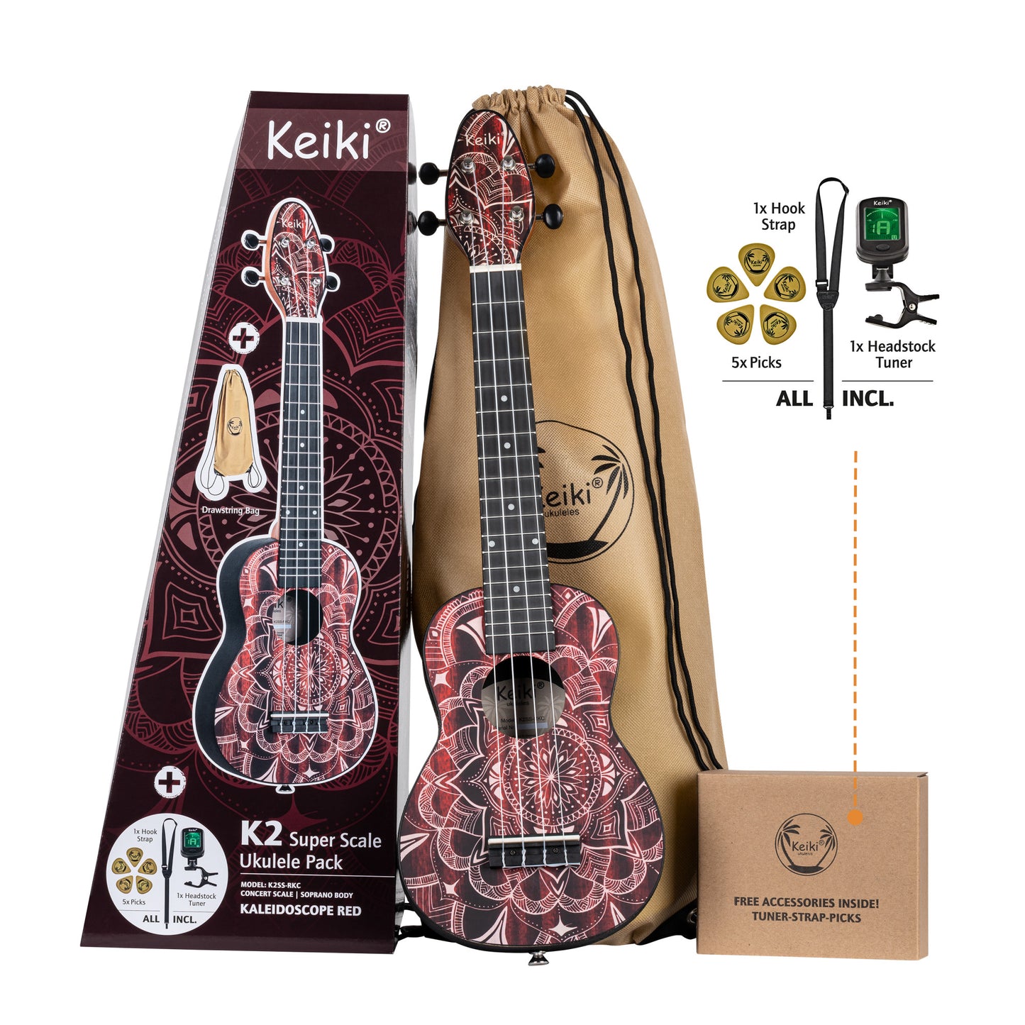KEIKI K2 Serie Superscale Sopran Ukulele Set - Agathis / Red Kaleidoscope