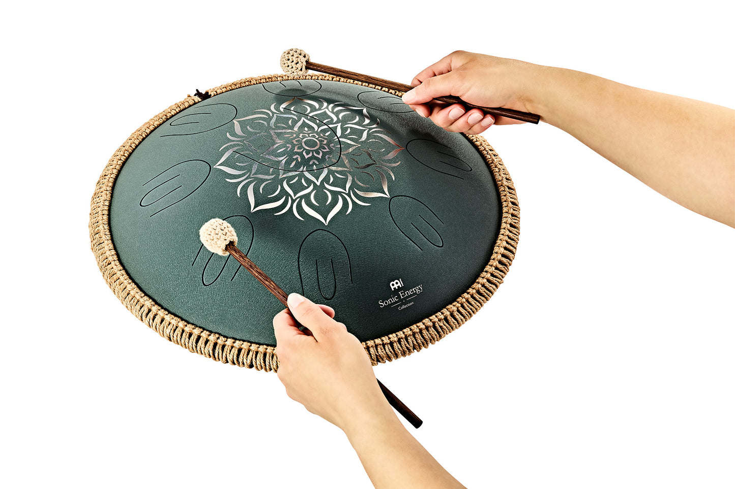 MEINL Sonic Energy Octave Steel Tongue Drum 16" - F Major/9 Notes/432 Hz - Dark Green, Engraved floral design