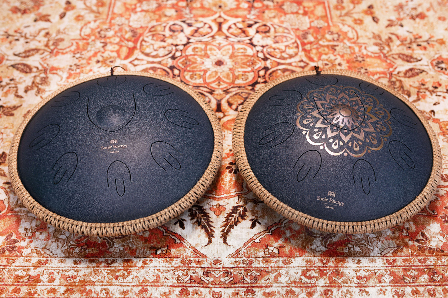 MEINL Sonic Energy Octave Steel Tongue Drum 16" - D Amara/9 Notes/440 Hz - Lasered Floral Design/Navy Blue