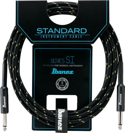 IBANEZ SI Serie (Standard) Instrumentenkabel - 2 gerade Stecker Gewebt - Klinke - Klinke, Black x Green - 3,05 m / 10 ft