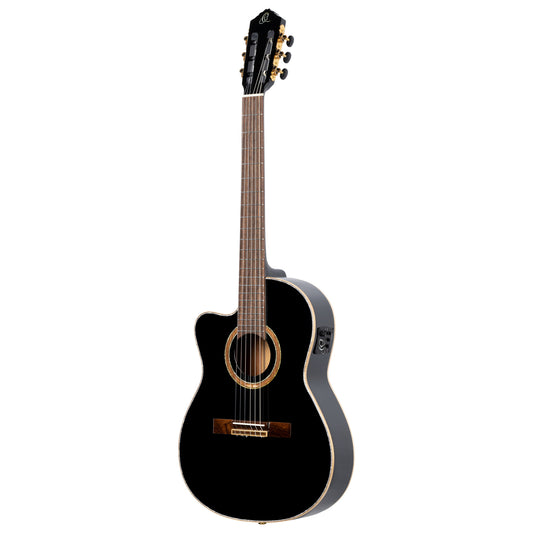 ORTEGA Feel Series Konzertgitarre 4/4 Schmaler Hals Dünner Korpus Lefty - schwarz inkl. Tasche und Gurt