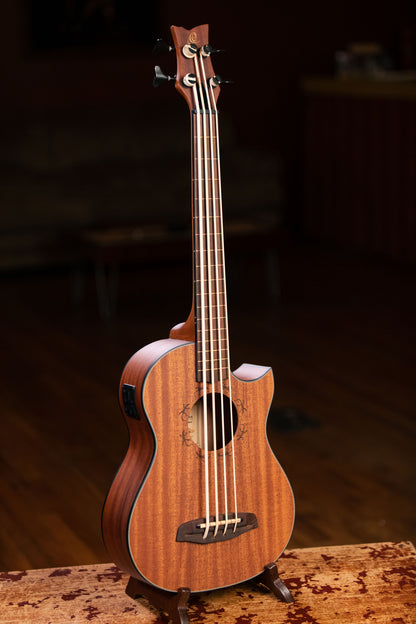 ORTEGA Lizard Serie Short Scale Fretless Uke Bass 4 String - Solid Mahogany Natural + Bag