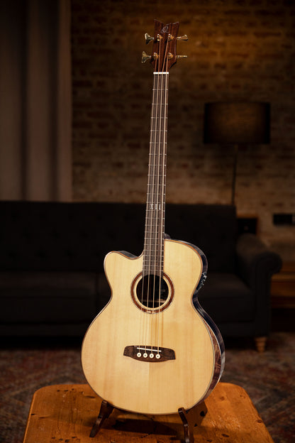 ORTEGA The Private Room Medium Scale Acoustic Bass 4 String Lefty - Spruce / Striped Ebony Natural + Bag