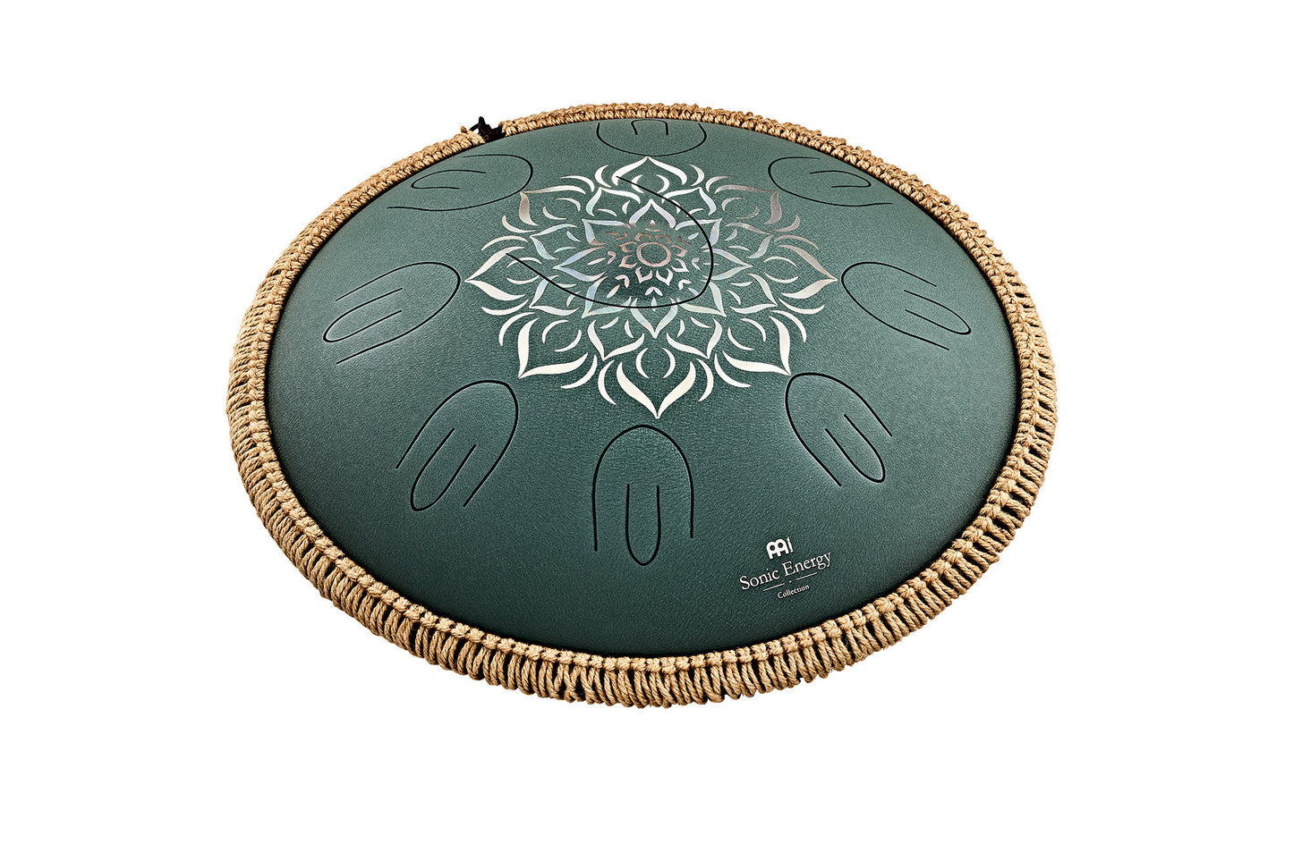 MEINL Sonic Energy Octave Steel Tongue Drum 16" - F Major/9 Notes/432 Hz - Dark Green, Engraved floral design
