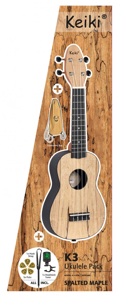 KEIKI K3 Series Ukulele Set "spalted maple" - inkl. Gymbag/H-Tuner/5 Picks/Gurt
