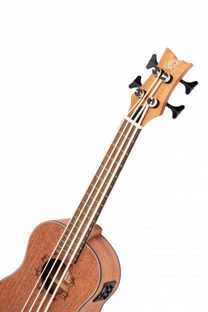 ORTEGA Lizard Series Short Scale Uke Bass 4 String Lefty - Acacia Natural + Bag