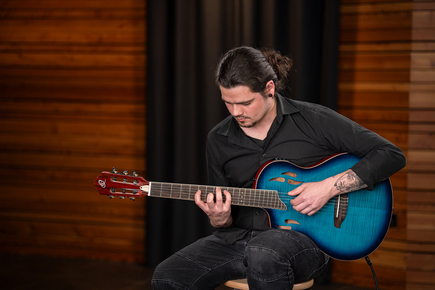 ORTEGA TourPlayer DeLuxe Nylon String Guitar 6-String Lefty - Flamed Maple Blue + Gig Bag