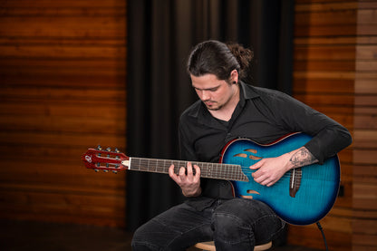 ORTEGA TourPlayer DeLuxe Nylon String Guitar 6-String Lefty - Flamed Maple Blue + Gig Bag
