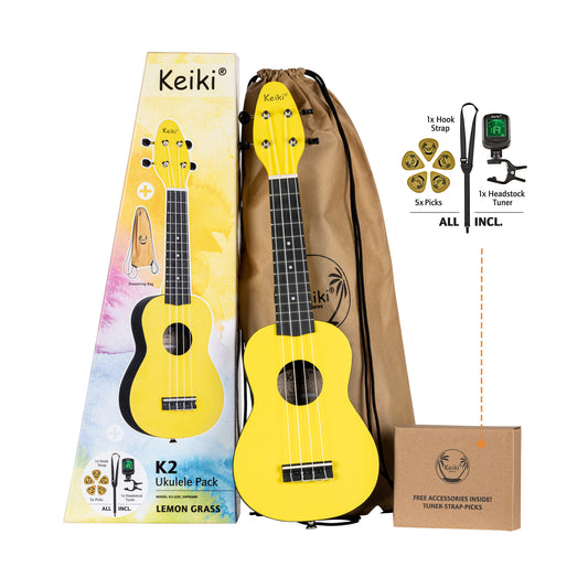 KEIKI K2 Serie Sopran Ukulele Set - Agathis / ABS Lemon Grass