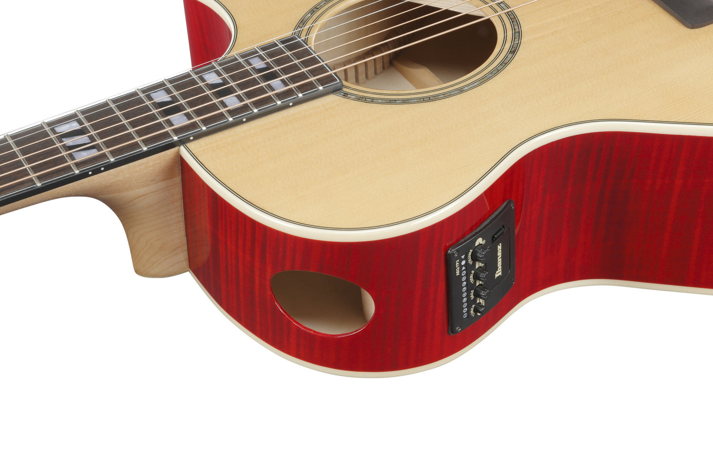 IBANEZ AE Akustikgitarre 6-String - Natural High Gloss Decke, Transparent Red High Gloss Zargen & Boden