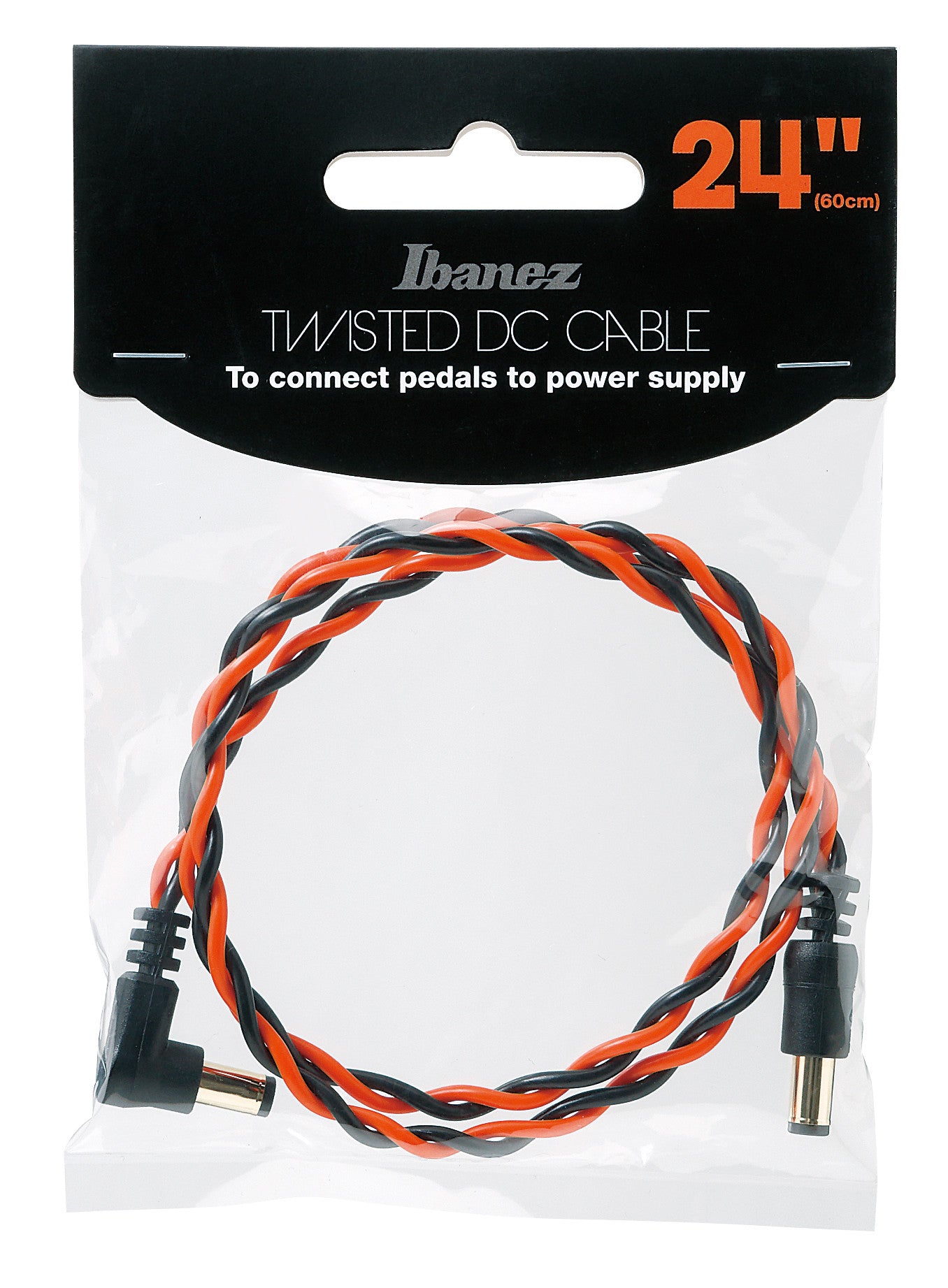 IBANEZ Verdrilltes DC Kabel Schwarz & Neon Rot, Länge: 24“ Gerade & abgewinkelter Stecker