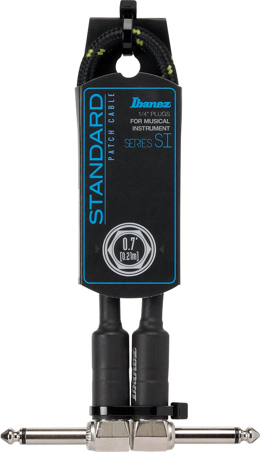 IBANEZ SI Series (Standard) Guitar Instrument Cable - Patch Cable 2 Right Angle Plug Woven - Male - Male, Black x Green - 0,21 m / 0,7 ft