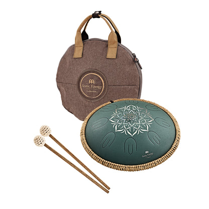 MEINL Sonic Energy Octave Steel Tongue Drum 16" - F Major/9 Notes/432 Hz - Dark Green, Engraved floral design