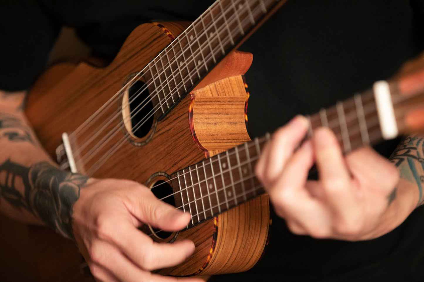 ORTEGA Custom Built Series Double-Neck Tenor Ukulele - Ovangkol Natural + Bag