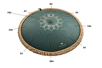 MEINL Sonic Energy 16" Octave Steel Tongue Drum, Fis Moll, 9 Töne, 432 Hz, Dunkelgrün, Graviertes florales Design