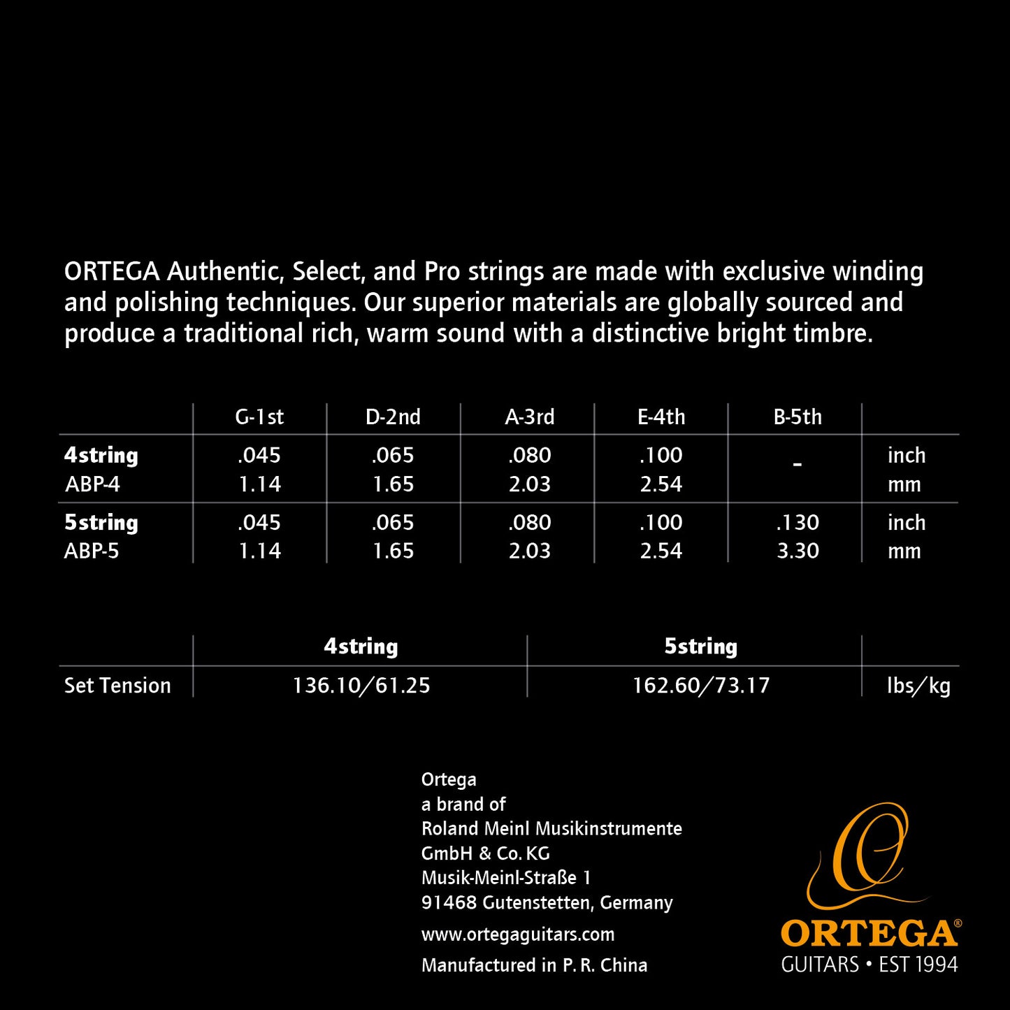 ORTEGA Custom Made Strings Pro - Acoustic Bass 4 String