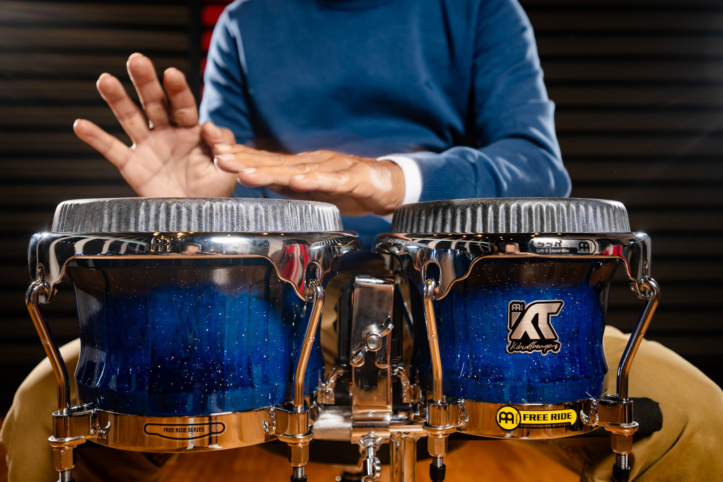 MEINL Percussion Artist Series Bongo William "Kachiro" Thompson, REMO® Black Calfskin Skyndeep Heads - 7" & 8 1/2" Blue Wave