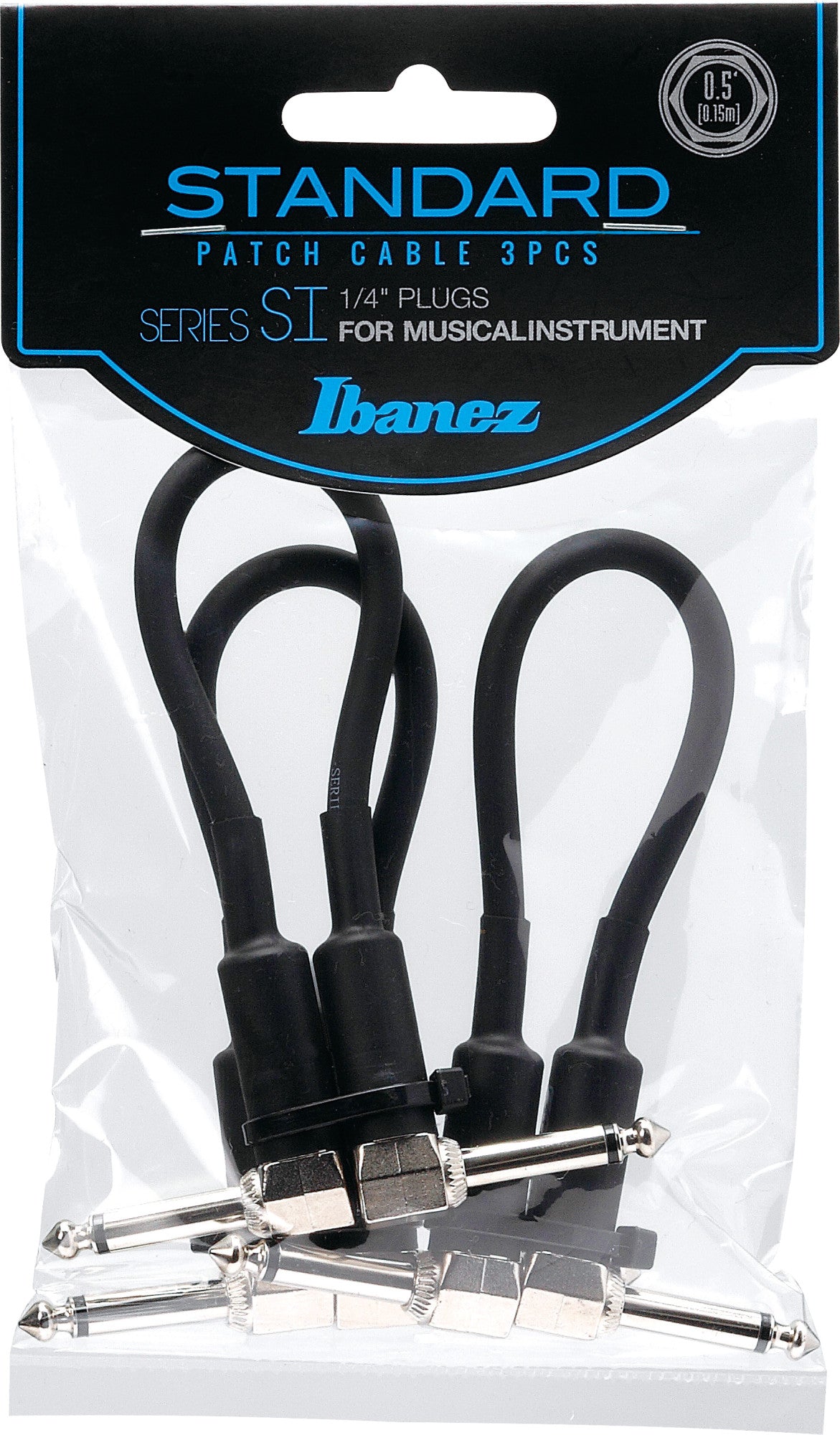 IBANEZ SI Serie (Standard) Instrumentenkabel - 2 abgewinkelte Stecker 3-teiliges Set Patch Kabel - Klinke - Klinke, Schwarz - 0,15 m / 0,5 ft