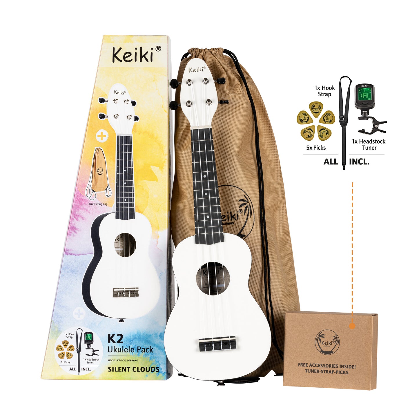 KEIKI K2 Serie Sopran Ukulele Set - Agathis / ABS Silent Clouds