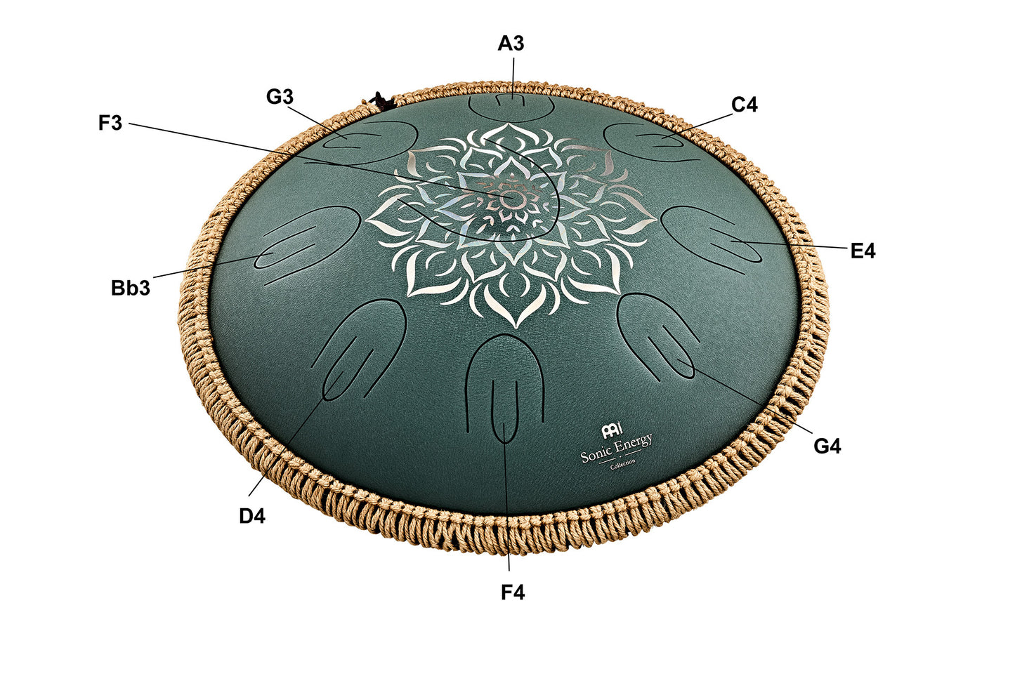 MEINL Sonic Energy Octave Steel Tongue Drum 16" - F Major/9 Notes/432 Hz - Dark Green, Engraved floral design