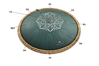 MEINL Sonic Energy Octave Steel Tongue Drum 16" - F Major/9 Notes/432 Hz - Dark Green, Engraved floral design