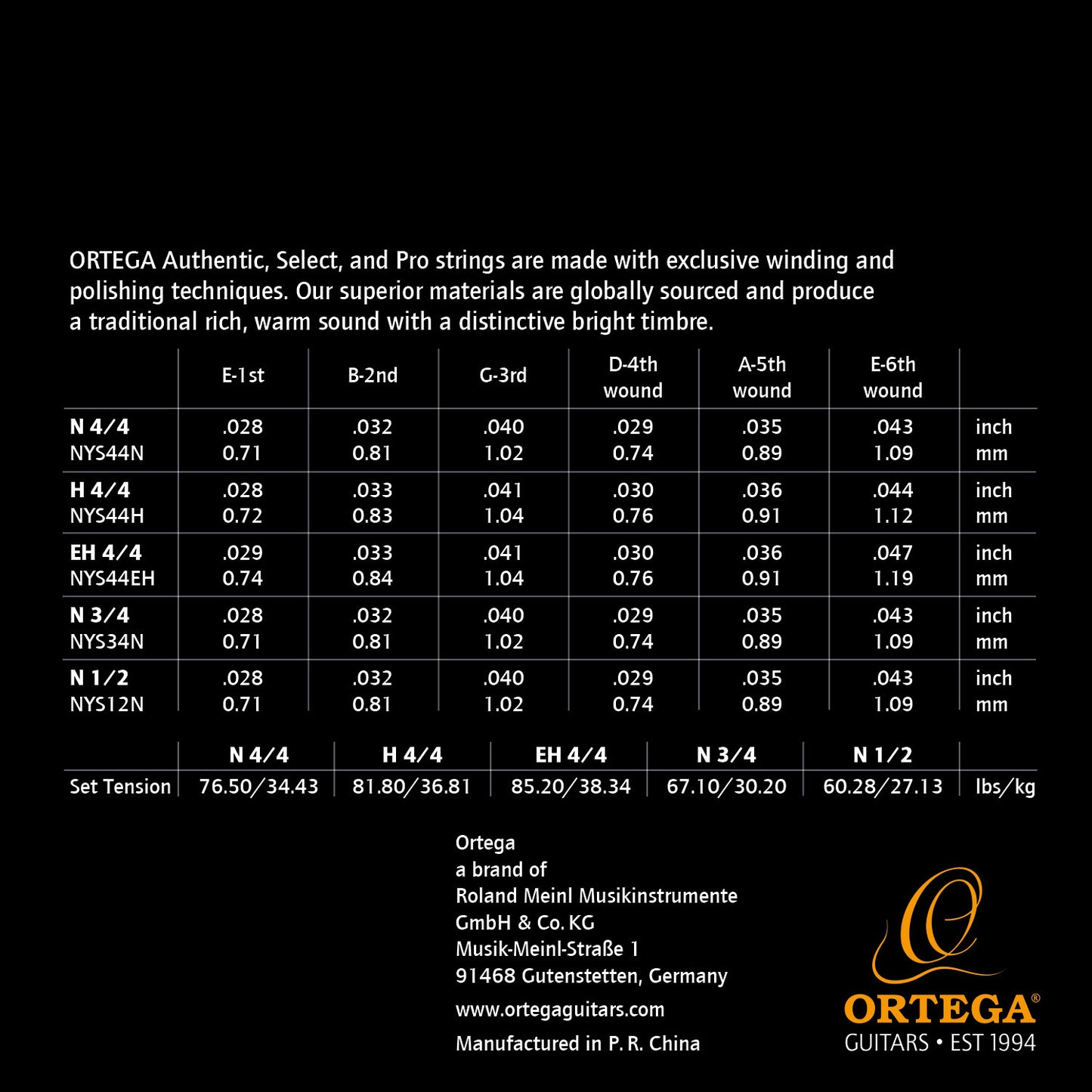 ORTEGA Custom Made Strings Select 3/4 Scale - Classical Guitar 6 String