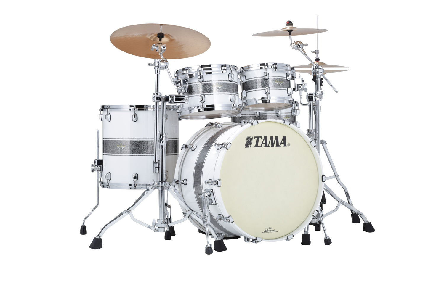 TAMA Starclassic Maple Lacquer Shell Kit 4 teilig - Silver Snow Racing Stripe/Chrom HW