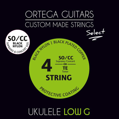 ORTEGA Custom Made Soprano/Concert Low-G Ukulele Select String Set Black Nylon, black plated Copper wound