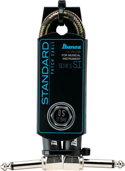 IBANEZ SI Series (Standard) Guitar Instrument Cable - Patch Cable 2 Right Angle Plug Woven - Male - Male, Camouflage Green - 0,15 m / 0,5 ft