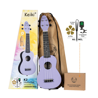 KEIKI K2 Serie Sopran Ukulele Set - Agathis / ABS Lavender Field