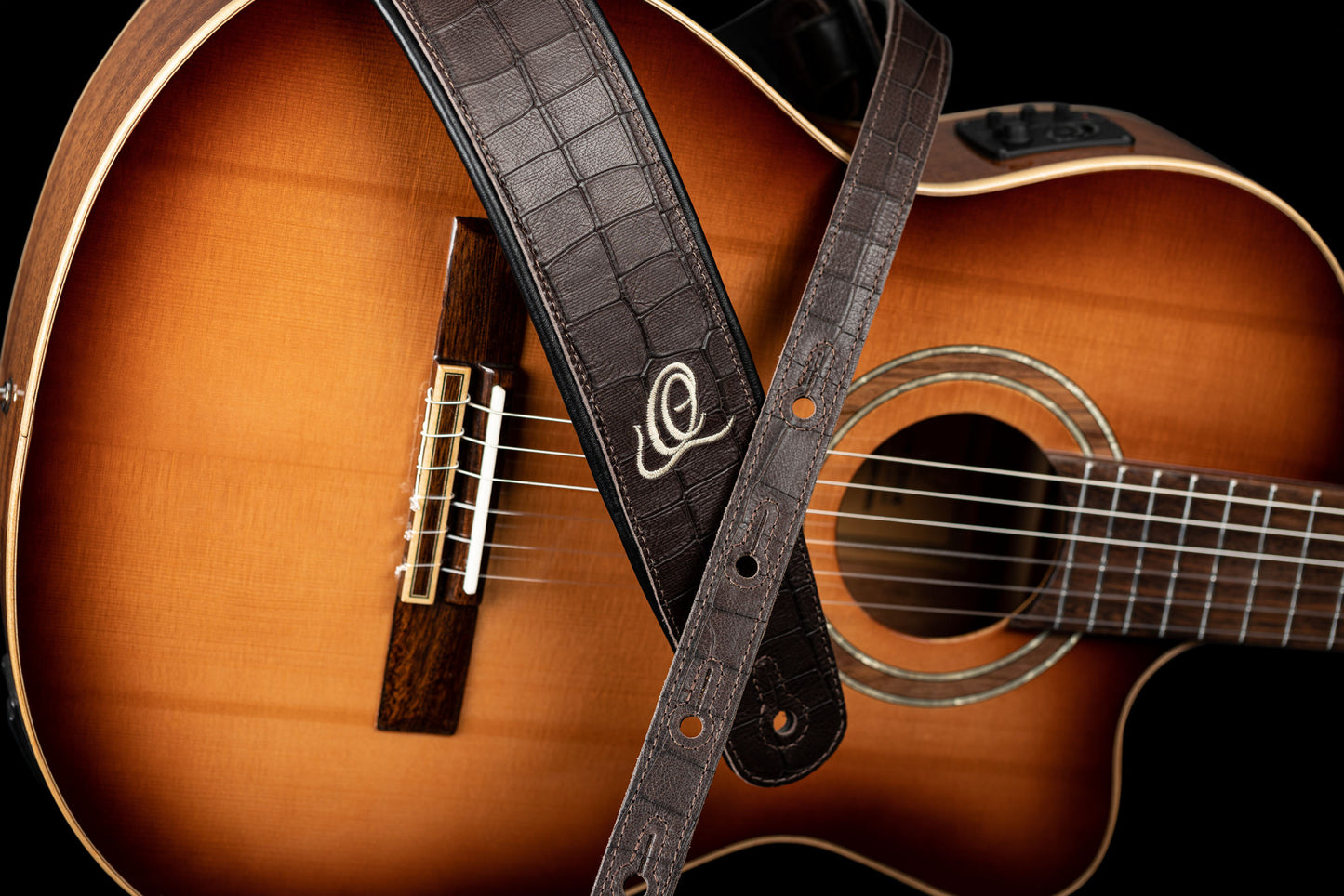 ORTEGA Echtledergitarrengurt - Dark Brown Croco