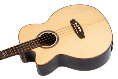 ORTEGA Private Room Series Akustikbass 4 String Medium Hals Preamp Lefty - inkl. eingebautem Armrest, Tasche