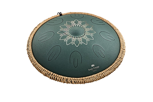 MEINL Sonic Energy 16" Octave Steel Tongue Drum, Fis Moll, 9 Töne, 432 Hz, Dunkelgrün, Graviertes florales Design