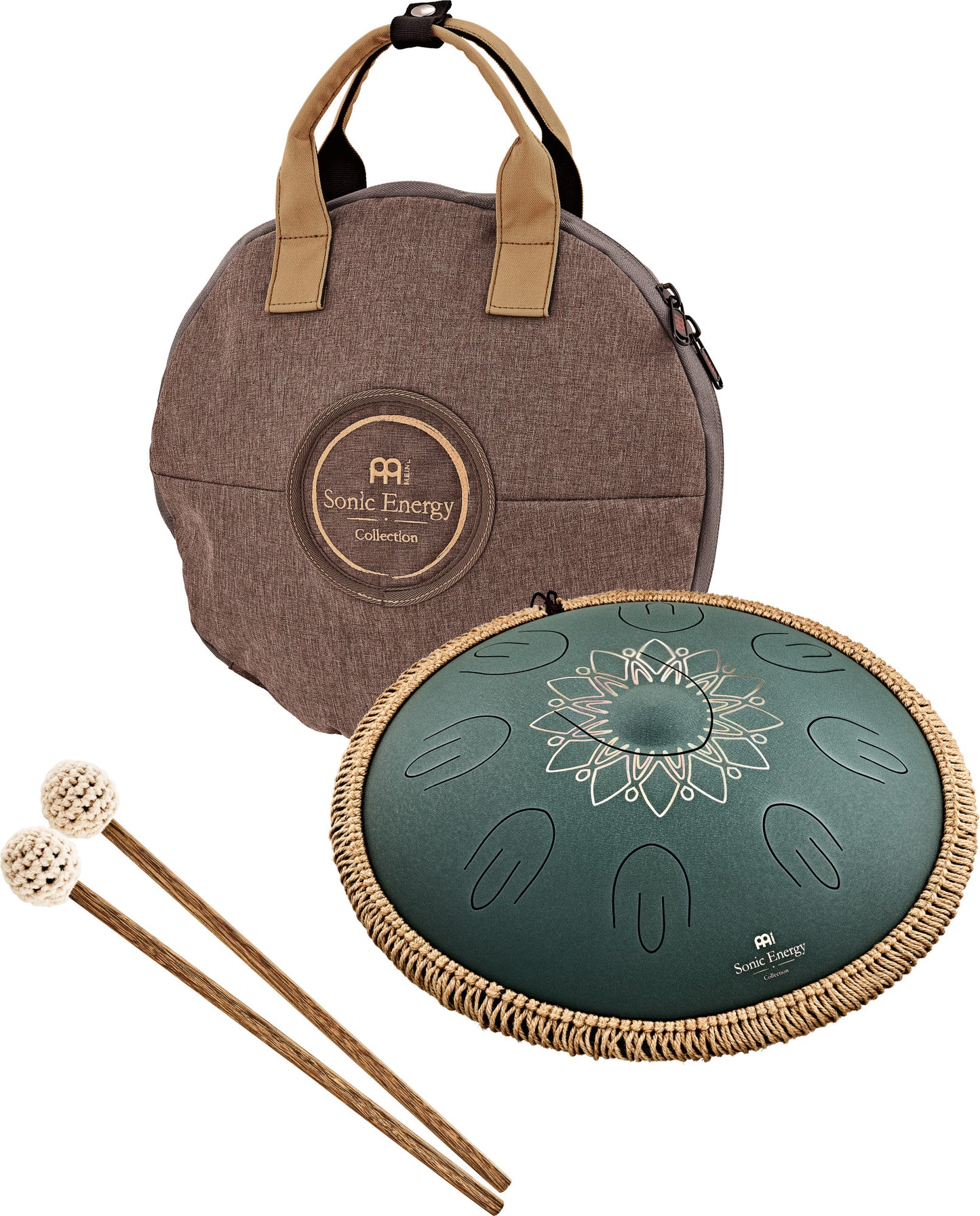 MEINL Sonic Energy 16" Octave Steel Tongue Drum, Fis Moll, 9 Töne, 432 Hz, Dunkelgrün, Graviertes florales Design