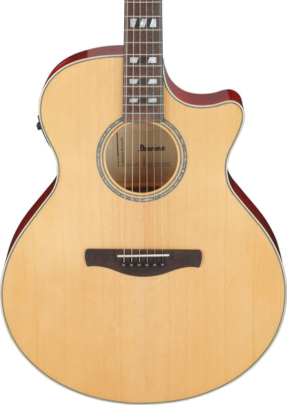 IBANEZ AE Akustikgitarre 6-String - Natural High Gloss Decke, Transparent Red High Gloss Zargen & Boden