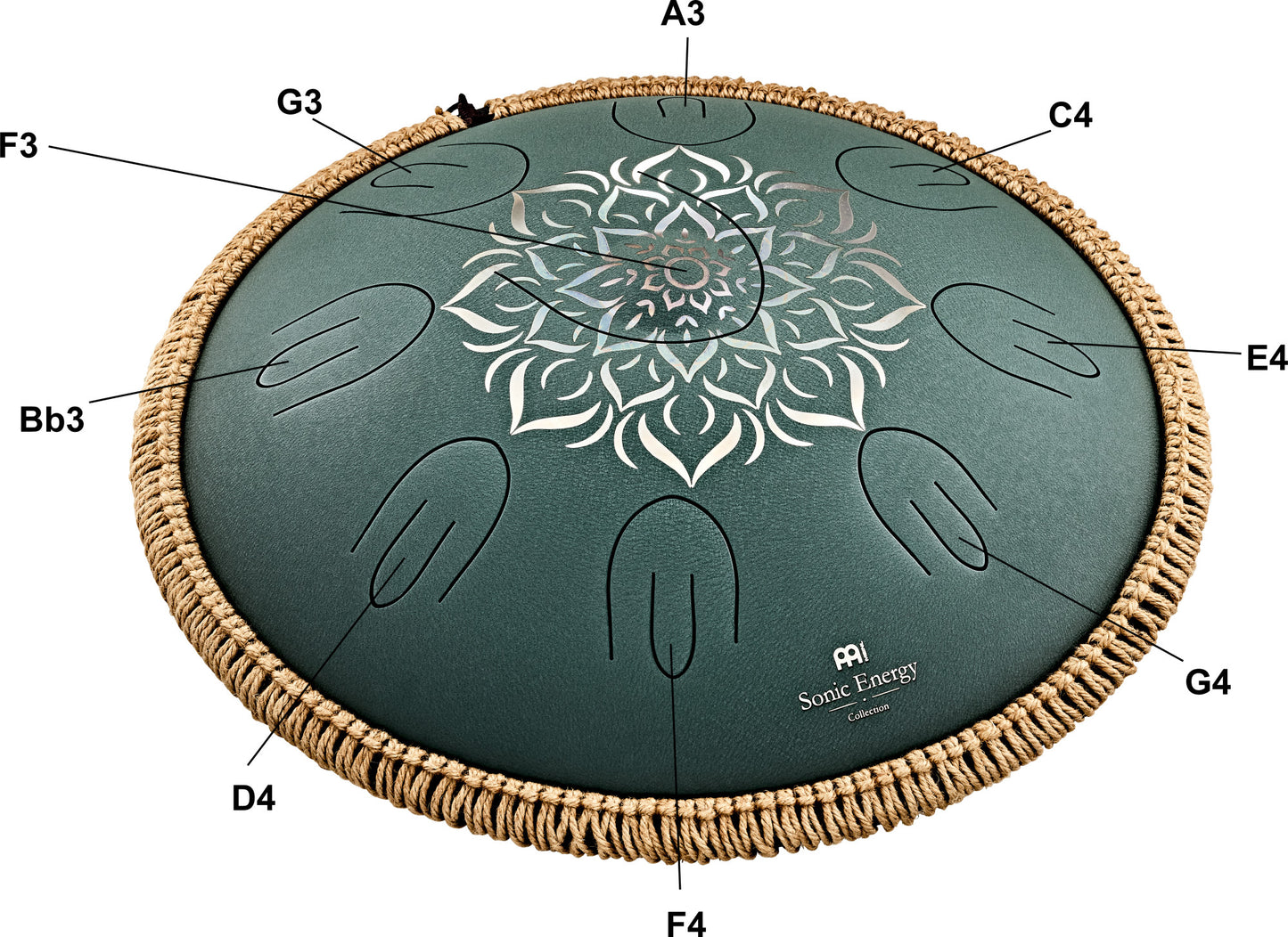 MEINL Sonic Energy Octave Steel Tongue Drum 16" - F Major/9 Notes/432 Hz - Dark Green, Engraved floral design