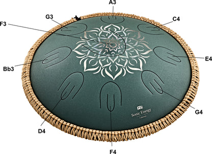 MEINL Sonic Energy Octave Steel Tongue Drum 16" - F Major/9 Notes/432 Hz - Dark Green, Engraved floral design