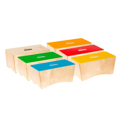 NINO Percussion Bongo Cajon Rhythmus Set fürs Klassenzimmer - 6 teilig