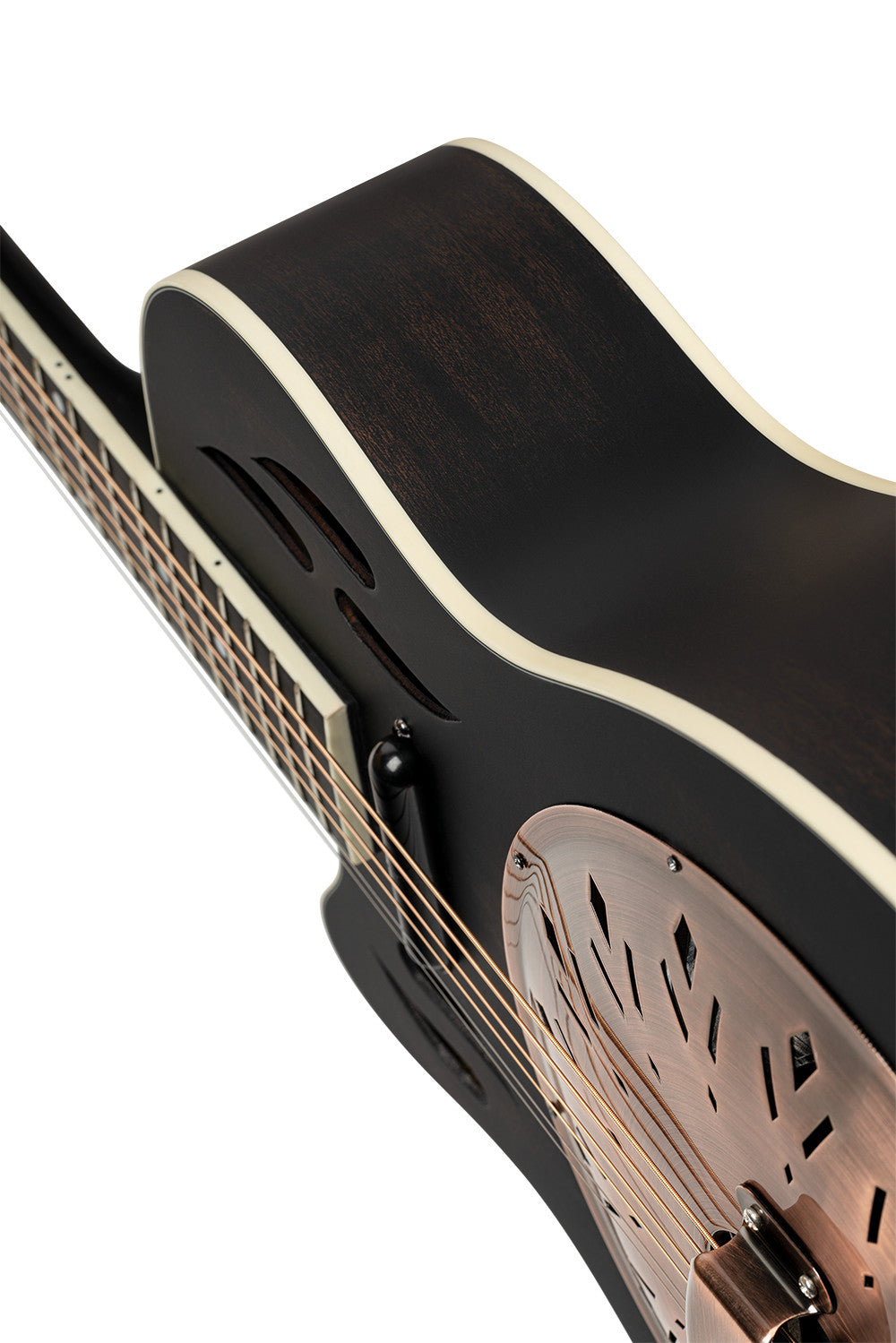 ORTEGA Americana Series Resonatorgitarre 6 String Lefty - Distressed Black / Antique Brass HW