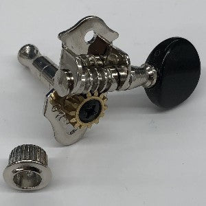 IBANEZ Grover open gear Einzelmechanik links mit schwarzem Knopf, 25mm Länge Stange - chrom