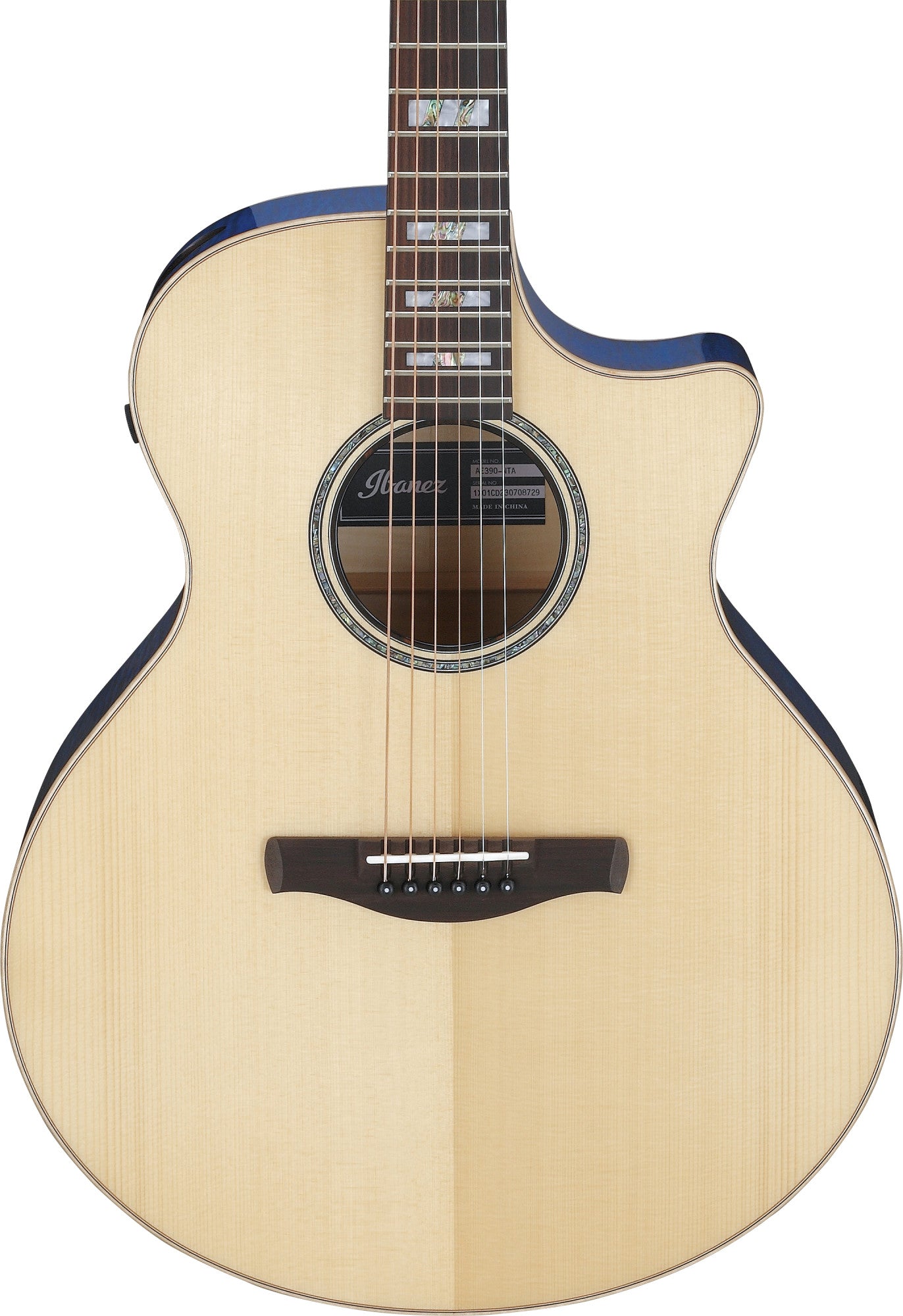 IBANEZ AE Akustikgitarre 6-String - Natural High Gloss Decke, Aqua Blue High Gloss Zargen & Boden