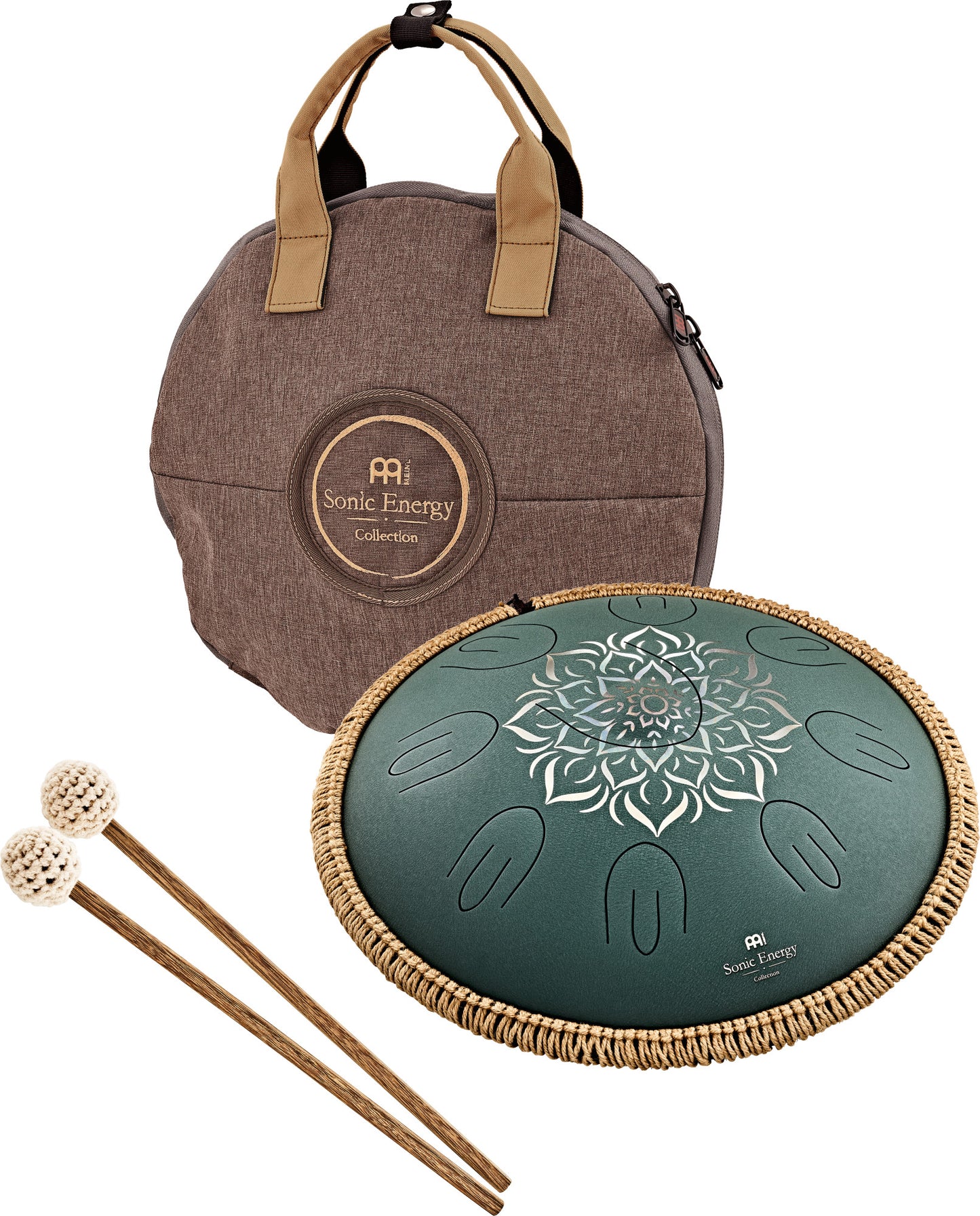 MEINL Sonic Energy Octave Steel Tongue Drum 16" - F Major/9 Notes/432 Hz - Dark Green, Engraved floral design