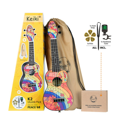 KEIKI K2 Serie Sopran Ukulele Set - Agathis / Peace '68"