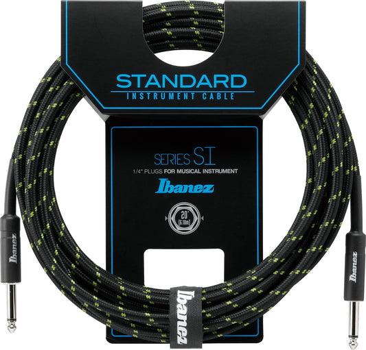 IBANEZ SI Serie (Standard) Instrumentenkabel - 2 gerade Stecker Gewebt - Klinke - Klinke, Black x Green - 6,10 m / 20 ft